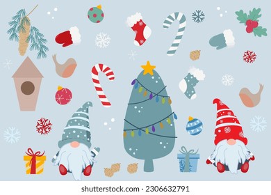 Christmas elements decoration set Gnome, Christmas tree, Robin bird, Bird house, Pine cone, Mitten, Wool socks, Holy berry, balls, Present boxes vector illustration cute cartoon design for winter holi