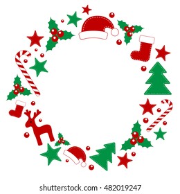 Christmas elements for design. Deer, Tree, Holly, sock, star, hat Santa Claus, candies Ideal for greeting cards, web design, congratulations.