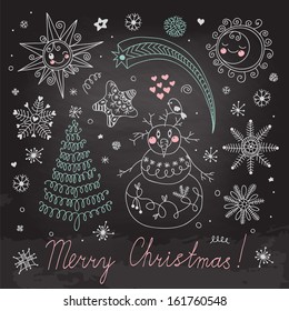 Christmas elements for design. Santa Claus, snowman, Christmas tree, snowflakes and stars. Stylized drawing with chalk on the blackboard.