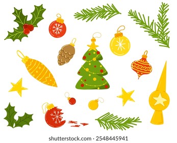 Christmas elements for design. Set with Christmas tree, mistletoe, baubles, Christmas tree toys and tree topper. Vector hand drawing in cartoon flat design