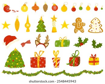 Christmas elements for design. Set with Christmas tree, gifts, garland, star, сhristmas tree toys, santa hat, reindeer antlers, gingerbread man. Vector hand drawing in cartoon flat design