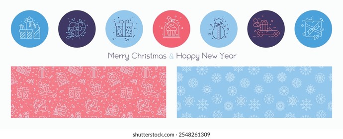 Christmas elements design set - vector winter holiday banner, snow seamless pattern, presents, Happy New Year decoration, gifts symbol, Birthday and Xmas party concept. Elegant line art.