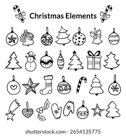 Christmas Elements Doodle Line Art Set