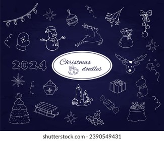  Christmas elements in doodle style. Objects and elements related to New Year celebrations such as fireworks, Christmas tree, Santa Claus, Deer, Snowflake, etc. Isolated on blue chalkboard. 