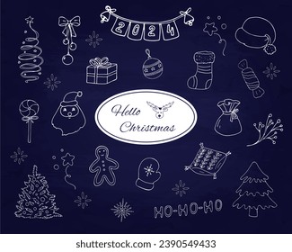  Christmas elements in doodle style. Objects and elements related to New Year celebrations such as fireworks, Christmas trees, Santa Claus, Gingerbread, Pillow, Snowflake, Santas hat, etc. Isolated 