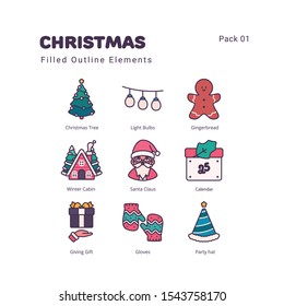 Christmas elements filled outline color icons illustration