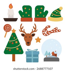 Conjunto de Coleção de Design Plano de Elementos de Natal com renas de chapéu de Santa e cana-de-doce. Ilustração de vetor