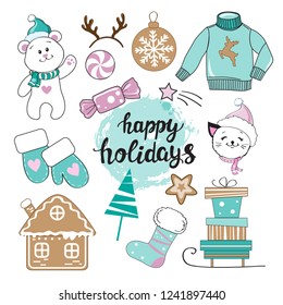 Christmas elements with gifts, christmas cookie, polar bear on a white background