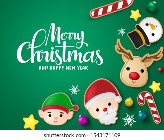Christmas elements in green background vector banner template. Merry christmas greeting card with santa claus, reindeer, candy cane, snowman, stars, balls and snowflakes xmas elements in green.