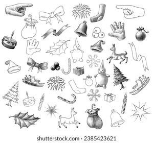 Christmas elements hand drawing vintage style black and white clip art