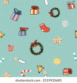 Christmas elements hand drawn childish style seamless pattern on green background graphic illustration. Merry Christmas gift wrapping paper template.