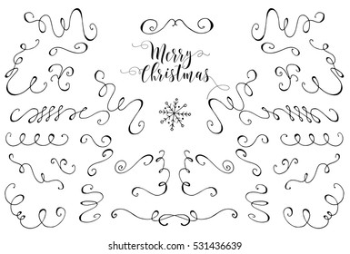 Christmas elements. Hand sketched modern labels. Hand drawn set. Doodle patterns collection. Happy New Year.