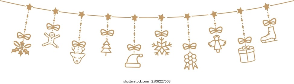 Christmas elements hanging gold isolated background. Vector illustration