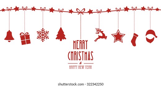 christmas elements hanging on line red isolated background