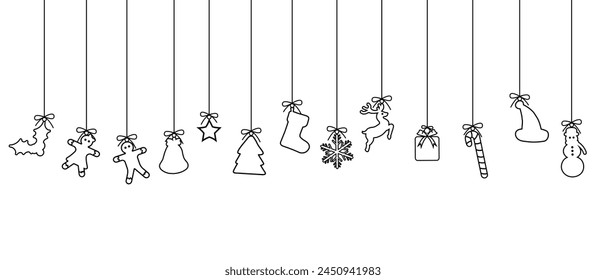 christmas elements hanging red isolated background. Christmas and New year Holiday Decorative Outline Elements. Gift Wrapping paper, Card or Banner Template or Fabric Textile Prints.