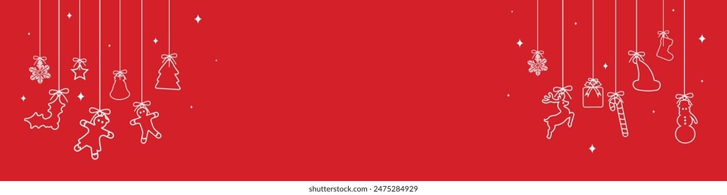 christmas elements hanging red isolated background. Christmas and New year Holiday Decorative Outline Elements. Gift Card Template, Flyer, Layout or Banner Template or Fabric Textile Prints.