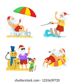 Christmas elements of holiday with relaxing and having fun Santa Claus on sea beach. Summer colorful isolated illustration with white background vector