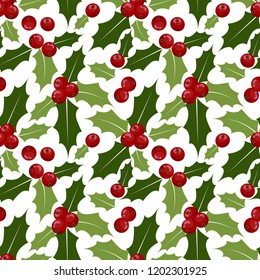 Christmas elements of holly leaves and berries ornate seamless pattern on white background. Design for winter holidays greeting season, wrapping papers etc. Vector illustration.