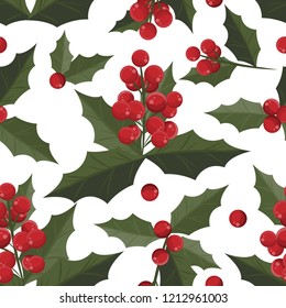 Christmas elements of holly leaves and berries branches ornate seamless pattern on white background. Design for winter holidays greeting season wrapping papers etc. Vector illustration.