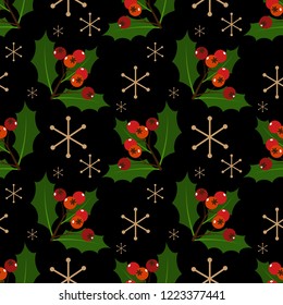 Christmas elements, Holly leaves and berries branches ornate with snowflakes seamless pattern on black background. Design for winter holidays greeting season, wrapping papers etc. Vector illustration.
