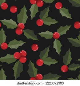 Christmas elements, Holly leaves and berries branches ornate seamless pattern on black background. Design for winter holidays greeting season, wrapping papers etc. Vector illustration.