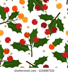 Christmas elements, holly leaves and berries branches ornate with tiny stars seamless pattern on white background. Design for winter holidays greeting season wrapping papers etc. Vector illustration.