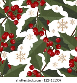 Christmas elements, holly leaves and berries branches ornate with snowflakes seamless pattern on white background. Design for winter holidays greeting season wrapping papers etc. Vector illustration.