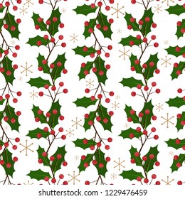 Christmas elements of holly leaves and berries branches with snowflakes ornate seamless pattern on white background. Design for winter holiday season background and wrapping papers etc.