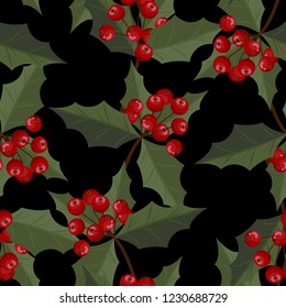 Christmas elements of holly leaves and berries branches ornate seamless pattern on black background. Design for winter holiday season background and wrapping papers etc. Vector illustration.