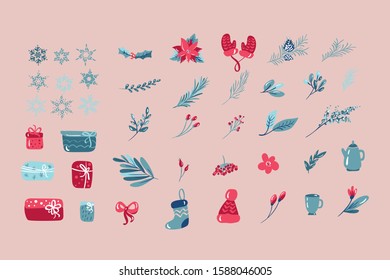 Christmas elements icon collection set. Snowflakes, bouquets, christmas socks, hat, gloves vector illustration.