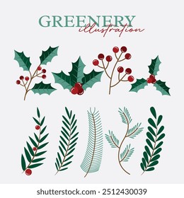 Christmas elements icon set design. Christmas animal and leaves icon collection