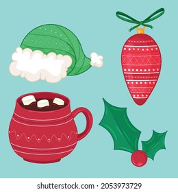 christmas elements icon set hot chocolate, santa hat, holly decoration