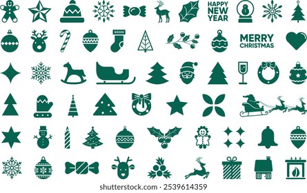 Christmas elements icon set. Vector Christmas collection consisting of snowman, bells, santa claus, deer, angel, cookies, snow star, mittens, candy, socks, tree.