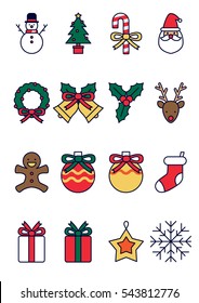 christmas elements icon set, vector illustrated, outline and color