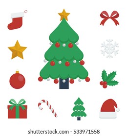 Christmas elements icon vector illustrations set, including a decorated Christmas tree and other colorful related festive items isolated on a transparent background