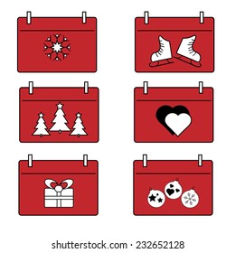Christmas elements icons set of snowflake, christmas tree, heart,gift, balls, skates on red calendar background, vector