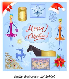 Christmas elements  illustration set isolated light blue background  Created in Adobe Illustrator  Image contains gradients  gradient meshes   blends  EPS 10 