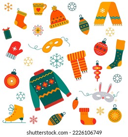 Christmas elements illustration set. Winter holidays attributes. Warm clothes vector icons