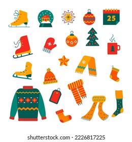 Christmas elements illustration set. Winter holidays attributes. Warm clothes vector icons. Winter activities items	