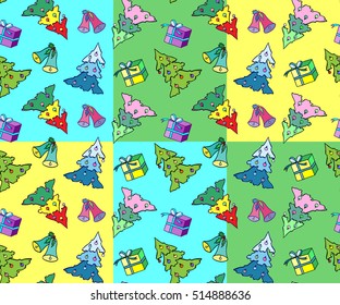 Christmas elements.  Illustration for a  wrapping paper,  wallpaper.  Color background.   Seamless vector pattern.