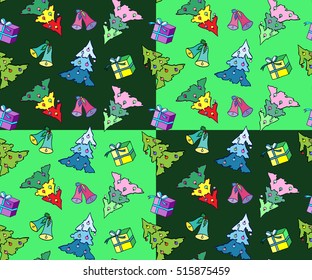 Christmas elements.  Illustration for a  wrapping paper,  wallpaper.  Black-and-white drawing. Green background.   Seamless vector pattern.