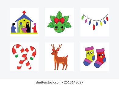 Christmas elements include a decorated tree with ornaments and lights, stockings by the fireplace, wreaths, candy canes, Santa Claus, reindeer, gifts, snowflakes, bells, and holly.