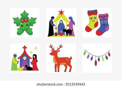 Christmas elements include a decorated tree with ornaments and lights, stockings by the fireplace, wreaths, candy canes, Santa Claus, reindeer, gifts, snowflakes, bells, and holly.