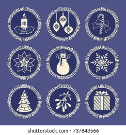 Christmas elements into silver tinsel frames on blue
