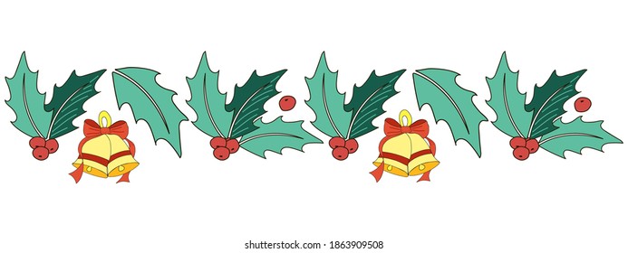 Christmas elements isolated on white background. Ornament from berries and leaves. Holly berry leaves Christmas symbol. Vector. Cartoon. Leaves and red berries in a row. Suitable for decorating cards