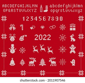 Christmas elements and knit font. Vector. Xmas seamless pattern. Fairisle ornament with type, numbers, snowflake, deer, bell, tree, gift box. Knitted sweater print. Red textured illustration