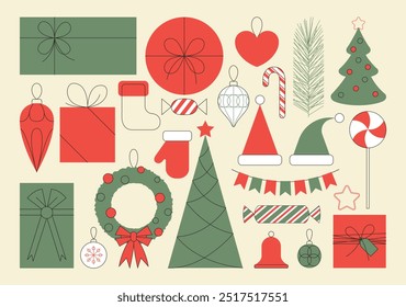 Navidades Elementos en estilo geométrico minimalista. Árbol de Navidad Abstractas, regalos, caramelos de caña, Elementos de vacaciones de invierno para el Anuncio, papel de regalo, cartel, tarjeta de felicitación. Modernas Ilustraciones vectoriales planas.