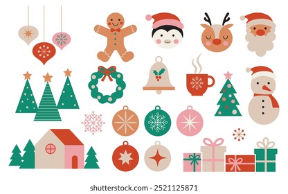 Christmas elements in minimalist style. Colorful illustration in flat style. Christmas elements for greeting cards, posters, prints and stickers. Vector illustration.