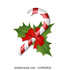 Christmas elements, mistletoe and candy width red bow. Isolated on white.