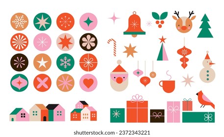 elementos navideños de estilo geométrico minimalista moderno. Ilustración colorida en estilo de dibujos animados de vector plano. Árbol de Navidad con patrones geométricos, estrellas y elementos abstractos